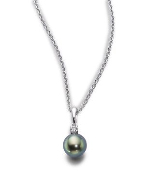 8MM Black Cultured Pearl, Diamond & 18K White Gold Necklace - Black