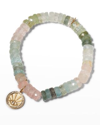 8mm Multi Aquamarine Faceted Wheel Bracelet with Sun Ray Coin Charm