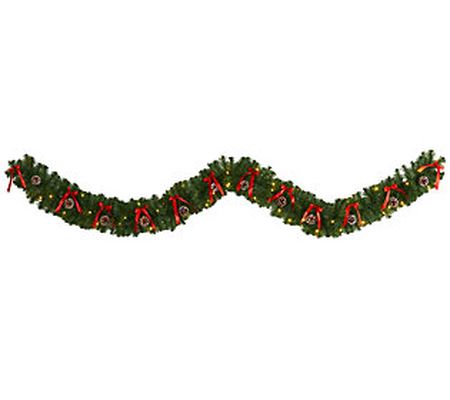 9' Bow & Pinecone Christmas Garland w/Lights by Nearly Natural