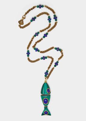 9K Yellow Gold Fish Charm with Malachite and Lapis Lazuli on Light Brown Silver Chain