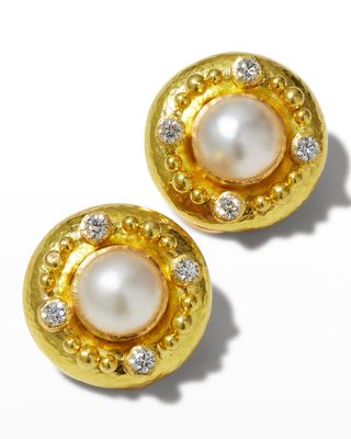 9mm White Akoya Pearl Earrings with Four 2.5mm Diamonds