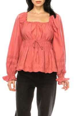 A COLLECTIVE STORY Embroidered Cotton Shirred Waist Peplum Blouse in Brandied Apricot