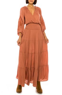 A COLLECTIVE STORY Embroidered Smocked Tier Long Sleeve Maxi Dress in Copper