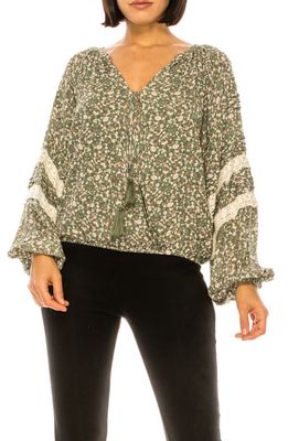 A COLLECTIVE STORY Floral Print Lace Trim Peasant Top in Dark Olive Leaf