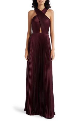 A.L.C. Athena Pleated Crossover Cutout Satin Maxi Dress in Chicory