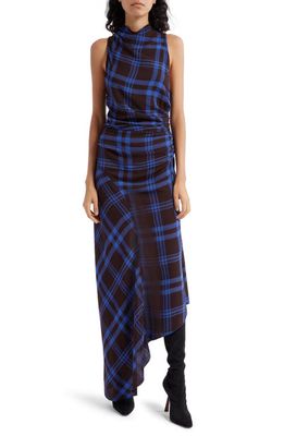 A.L.C. Iggy Plaid Ruched Asymmetric Hem Dress in Brown/Royal