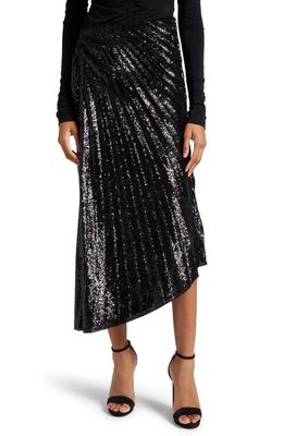 A. L.C. Tori Sequin Pleated Asymmetric Hem Skirt in Black