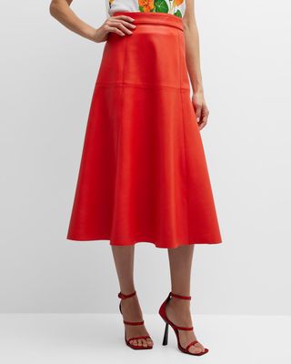 A-Line Belted Leather Midi Skirt