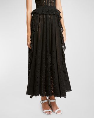A-Line Broderie Anglaise Knit Skirt With Cascading Ruffles