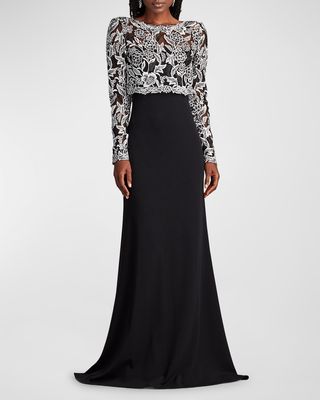 A-Line Floral-Embroidered Lace & Crepe Gown