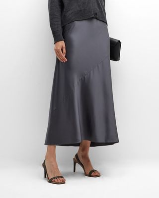 A-Line Stretch Satin Midi Skirt