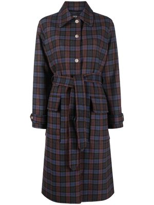 A.P.C. check pattern belted coat - Blue