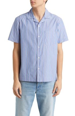 A.P.C. Edd Stripe Short Sleeve Button-Up Camp Shirt in Blue