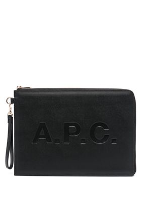 A.P.C. logo-debossed leather clutch bag - Black