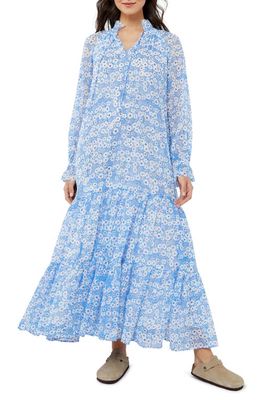 A PEA IN THE POD Floral Long Sleeve Crinkle Chiffon Maxi Maternity Dress in White Blue Floral