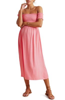 A PEA IN THE POD Off the Shoulder Maternity Midi Dress in Strawberry Pink