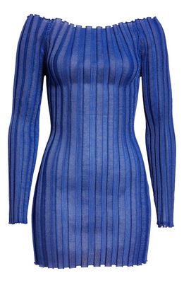 A. Roege Hove Katrine Semisheer Off the Shoulder Long Sleeve Rib Cotton Blend Dress in Cobalt Blue