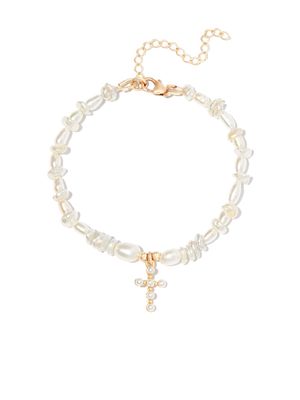 A Sinner in Pearls pearl beaded cross charm bracelet - White