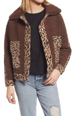A V DENIM Vigoss Leopard Pattern Faux Shearling Jacket in Brown Leopard