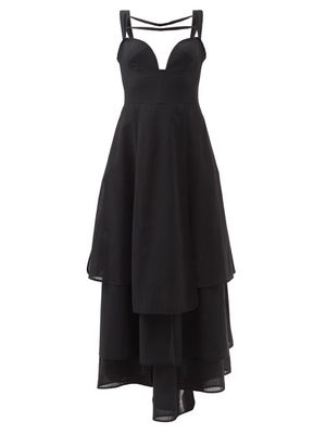 A.w.a.k.e. Mode - Plunge-neck Tiered Wool-blend Batiste Dress - Womens - Black