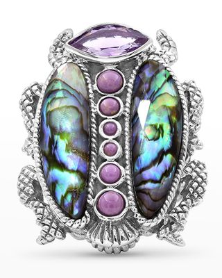 Abalone and Amethyst Scarab Ring in Sterling Silver, Size 7