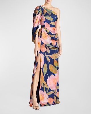 Abby Draped Floral-Print One-Shoulder Gown