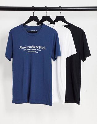 Abercrombie & Fitch 3 pack front logo t-shirt in navy/black/white-Multi