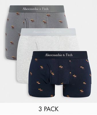 Abercrombie & Fitch 3 pack trunks in gray/black with all over logo