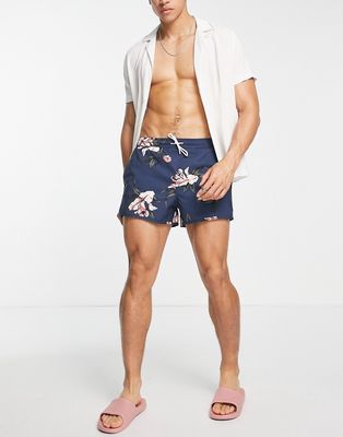 Abercrombie & Fitch 5 inch floral print tape pull on swim shorts in navy