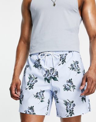 Abercrombie & Fitch 7 inch floral print pull on swim shorts in blue