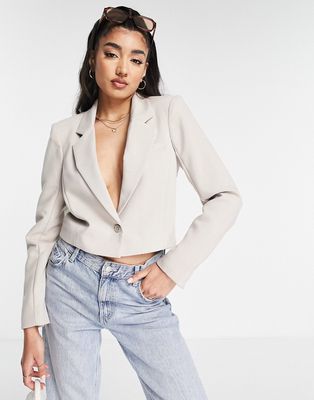 Abercrombie & Fitch cropped suited blazer in beige-Brown