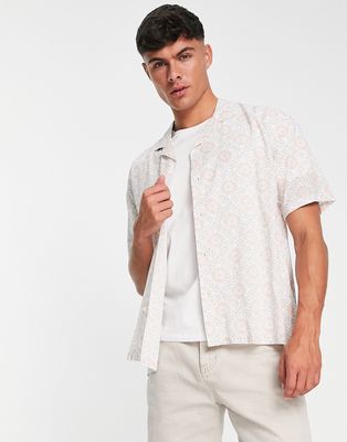 Abercrombie & Fitch geo tile print short sleeve resort shirt in tan-Brown