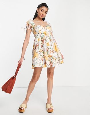 Abercrombie & Fitch puff sleeve babydoll mini dress in yellow floral-Multi