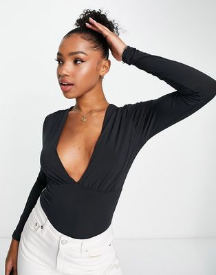 Abercrombie & Fitch slinky v neck ruched bodysuit in black