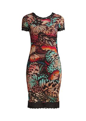 Abito Butterfly-Print Lace-Trimmed Mesh Minidress