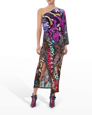Abstract Animal Printed One-Shoulder Jersey Dress