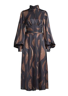 Abstract Bishop-Sleeve Midi-Dress
