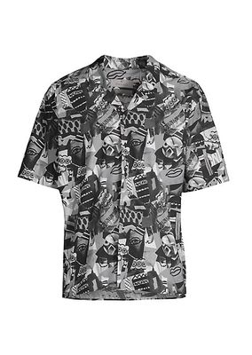Abstract Camp Collar Button-Front Shirt
