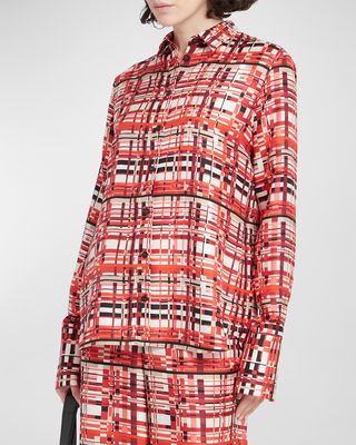 Abstract Check-Print Silk Twill Collared Top