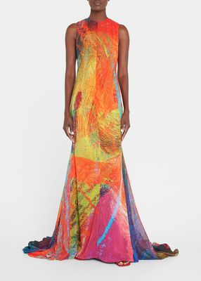 Abstract Crayon Racerback Godet Evening Gown with Train