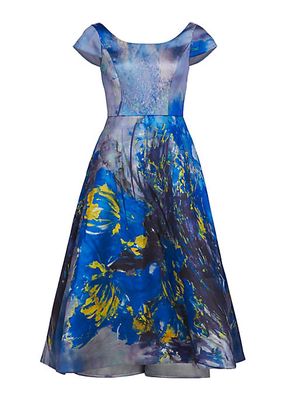 Abstract Floral Satin Midi-Dress