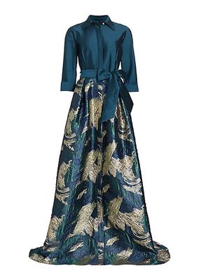 Abstract Jacquard Tie-Waist Gown