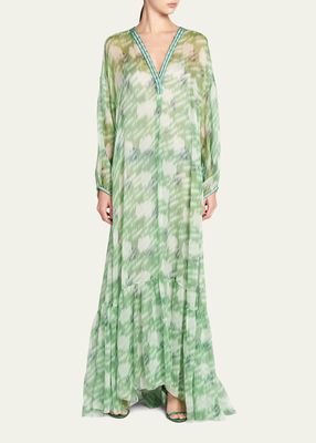 Abstract Leopard Print Semi-Sheer Silk Maxi Dress