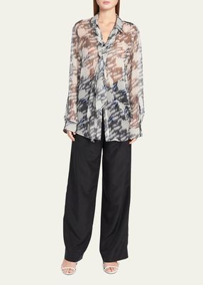 Abstract Leopard Print Sheer Button-Front Blouse