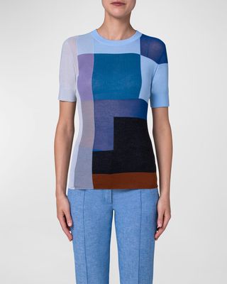 Abstract Mixed-Media Short-Sleeve Pullover