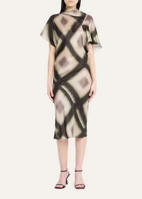 Abstract-Print Bias Draped Midi Dress