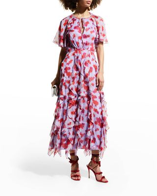 Abstract-Print Cascading Ruffle Maxi Dress