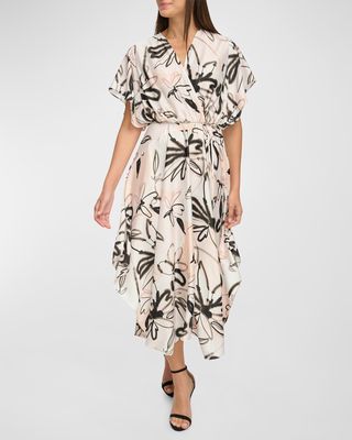 Abstract-Print Dolman-Sleeve Midi Dress