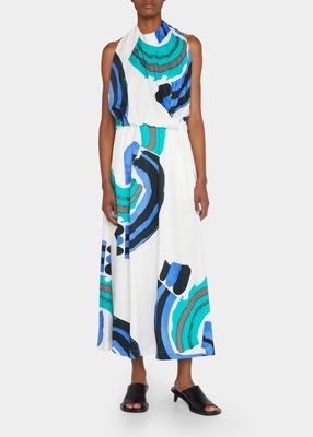 Abstract-Print Draped Halter Maxi Swimming Dress