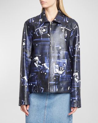 Abstract-Print Faux Leather Zip Jacket